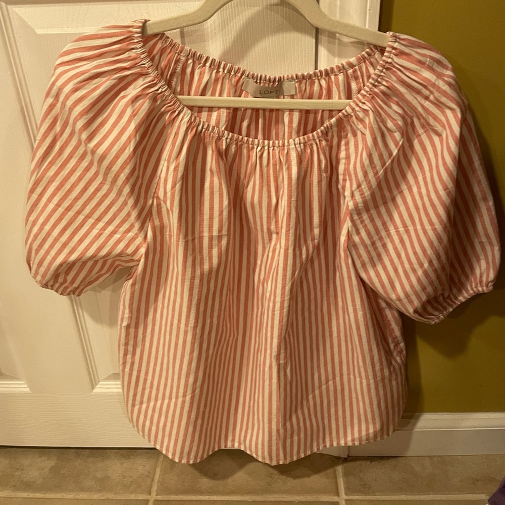 Loft Pink and White blouse with Balloon Sleeves